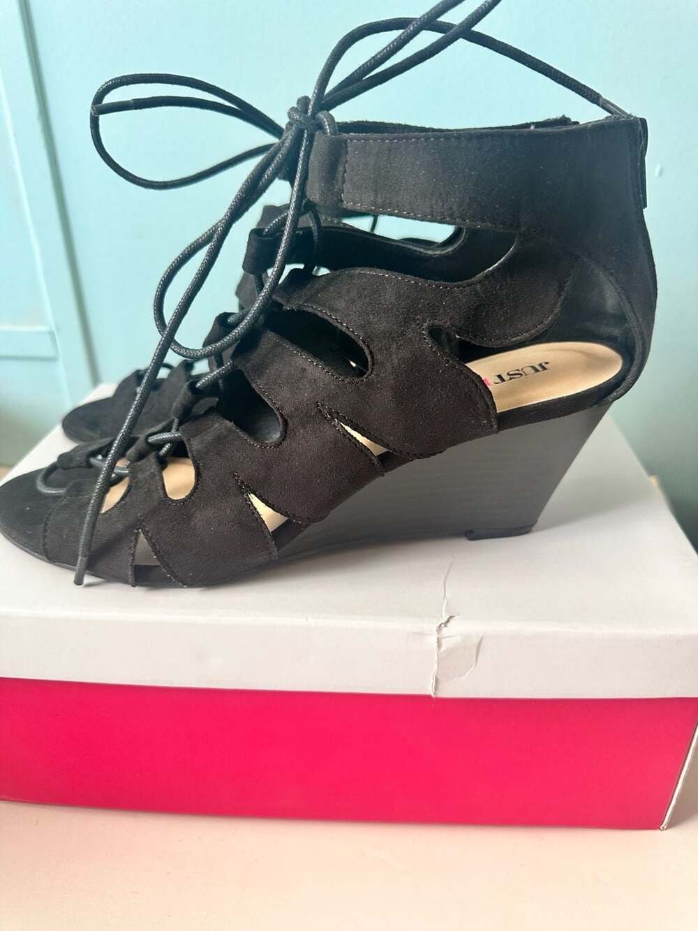 JustFab Lasey Size 10 Black Lace-Up Wedge Heels Sandals